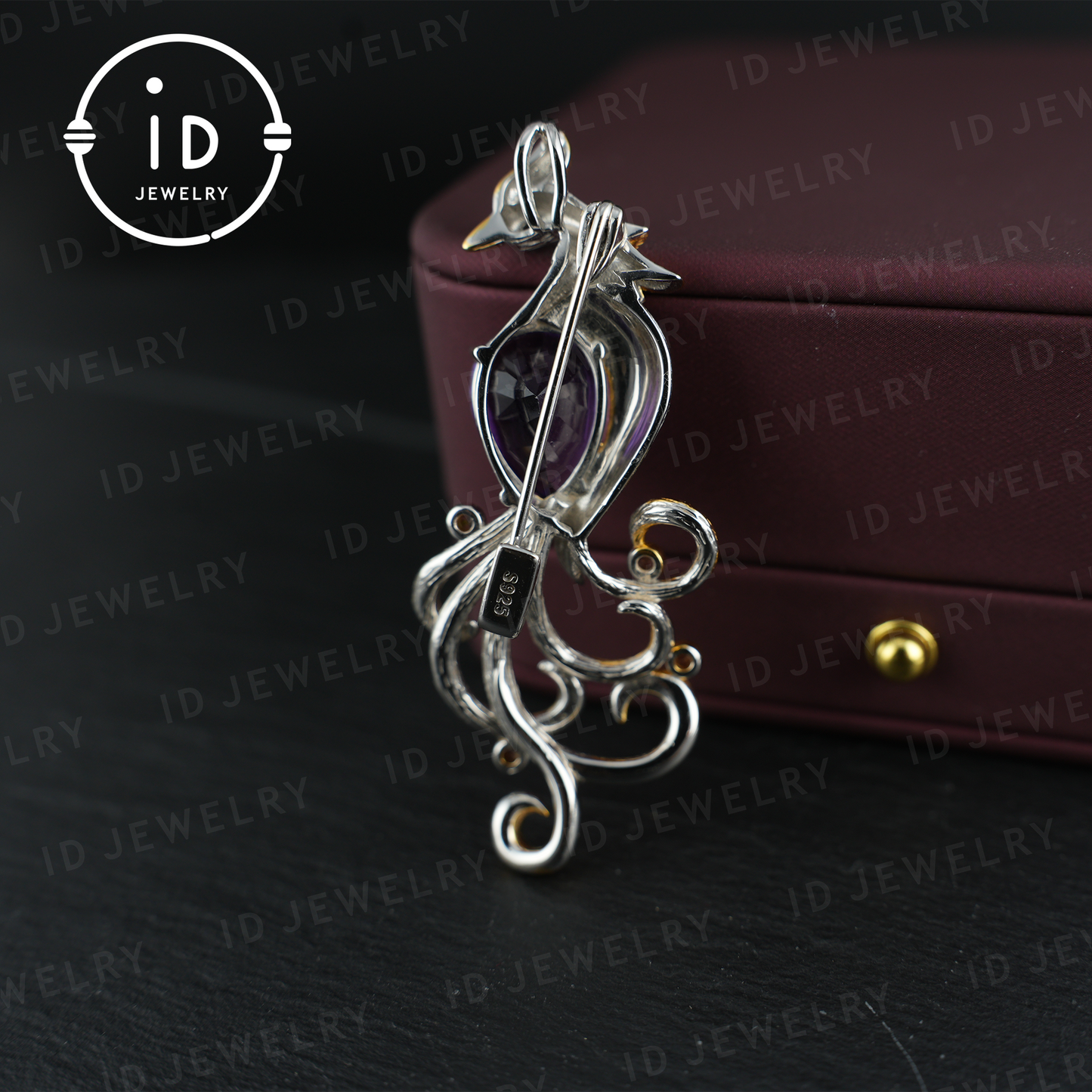 Phoenix Amethyst Brooch| Vintage Gemstone Jewelry| Handmade Gold-Plated Pendant| Mystical Bird Brooch| Elegant Gift for Women