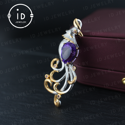 Phoenix Amethyst Brooch| Vintage Gemstone Jewelry| Handmade Gold-Plated Pendant| Mystical Bird Brooch| Elegant Gift for Women