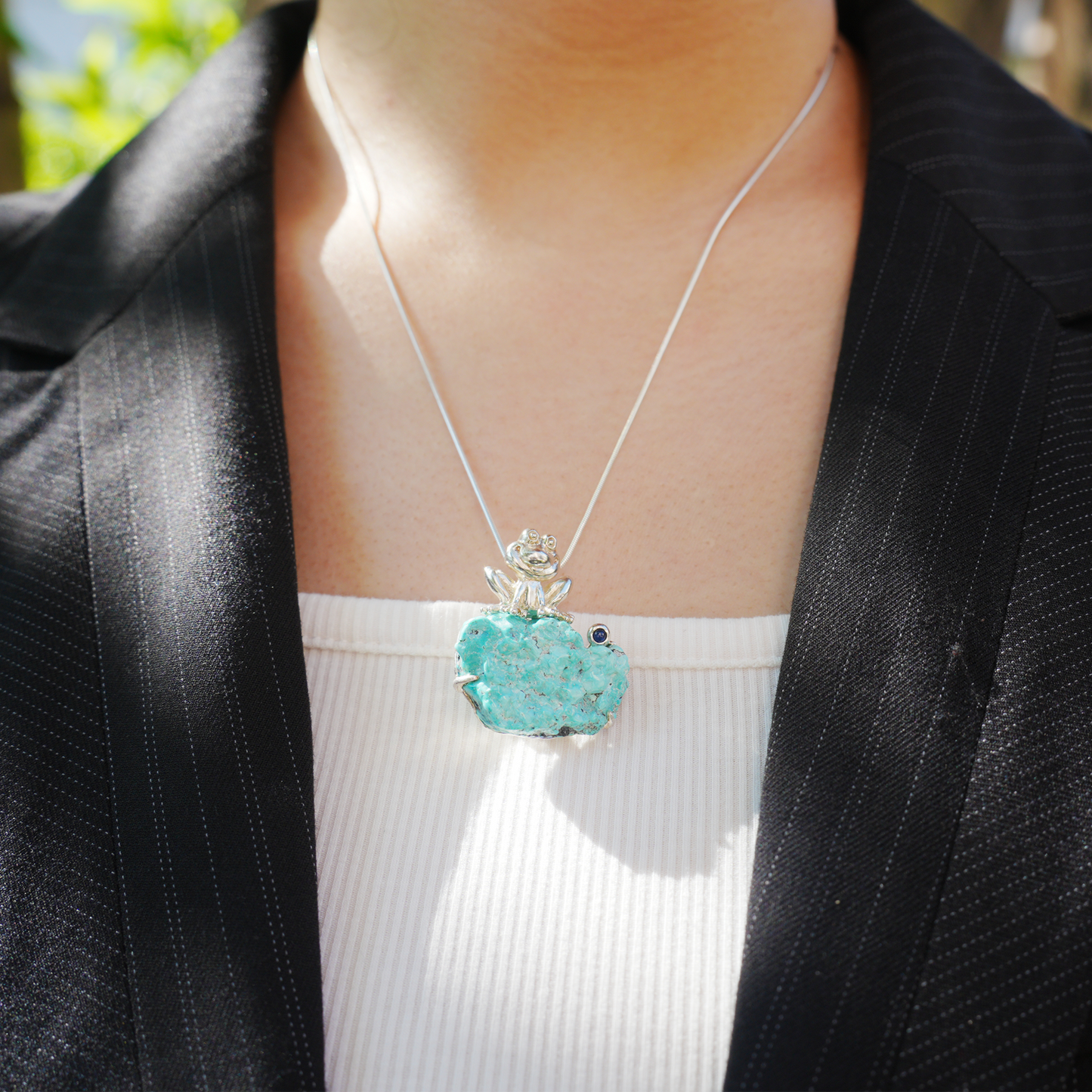 925 Silver Frog Pendant Brooch | Raw Turquoise Lucky Jewelry | Cute Gift for Her