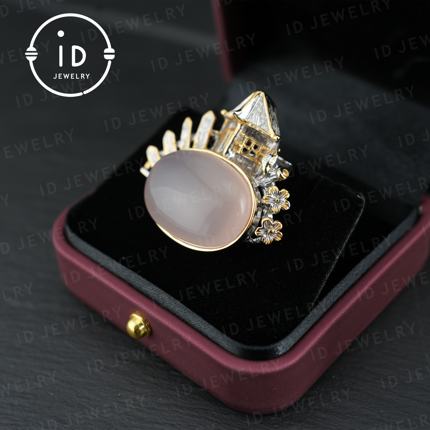 Chinese Pavilion Brooch| Natural Rose Quartz Jewelry| Gold-Plated Pendant| Handmade Architecture Brooch| Unique Gift for Women