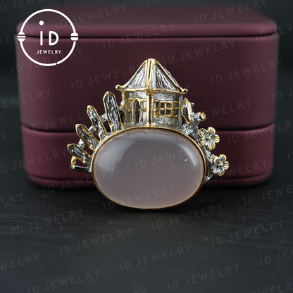 Chinese Pavilion Brooch| Natural Rose Quartz Jewelry| Gold-Plated Pendant| Handmade Architecture Brooch| Unique Gift for Women