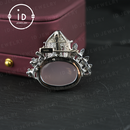 Chinese Pavilion Brooch| Natural Rose Quartz Jewelry| Gold-Plated Pendant| Handmade Architecture Brooch| Unique Gift for Women