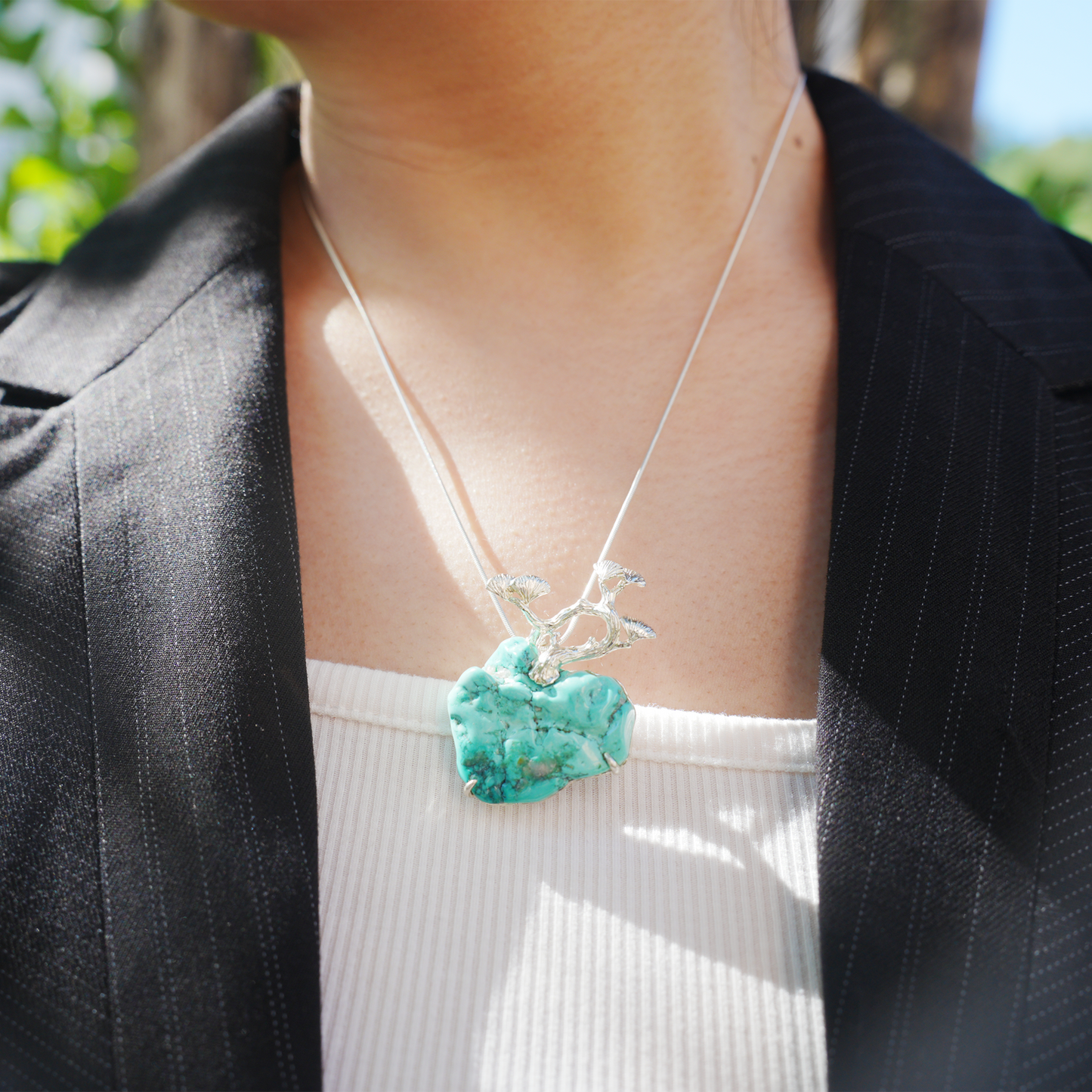 Raw Turquoise Pendant Brooch | 925 Silver Tree Jewelry | Nature Gift for Her