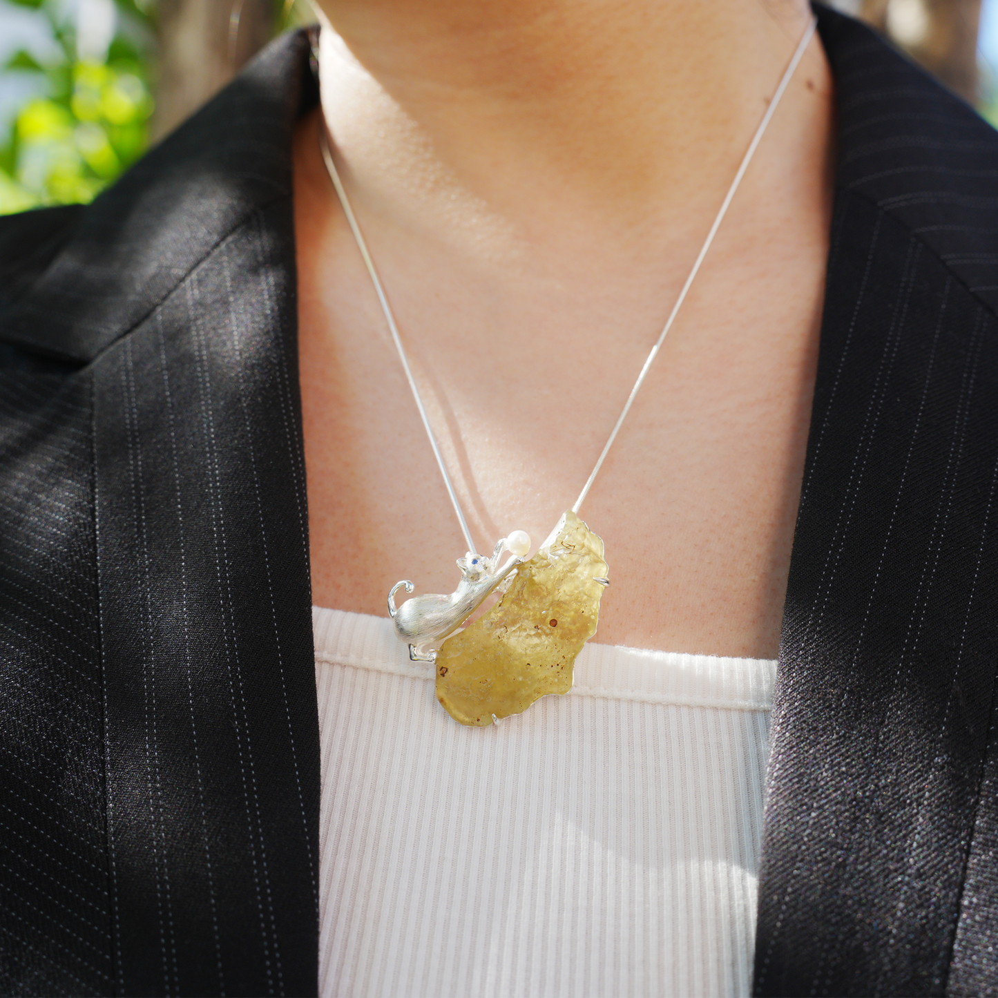 Libyan Desert Glass Cat Pendant Brooch | 925 Silver Fairy Jewelry Gift for Her