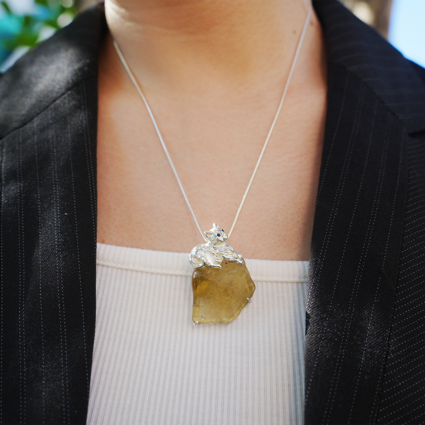 925 Silver Cat Pendant Brooch | Raw Glass Animal Totem Jewelry | Gift for Cat Lovers & Her