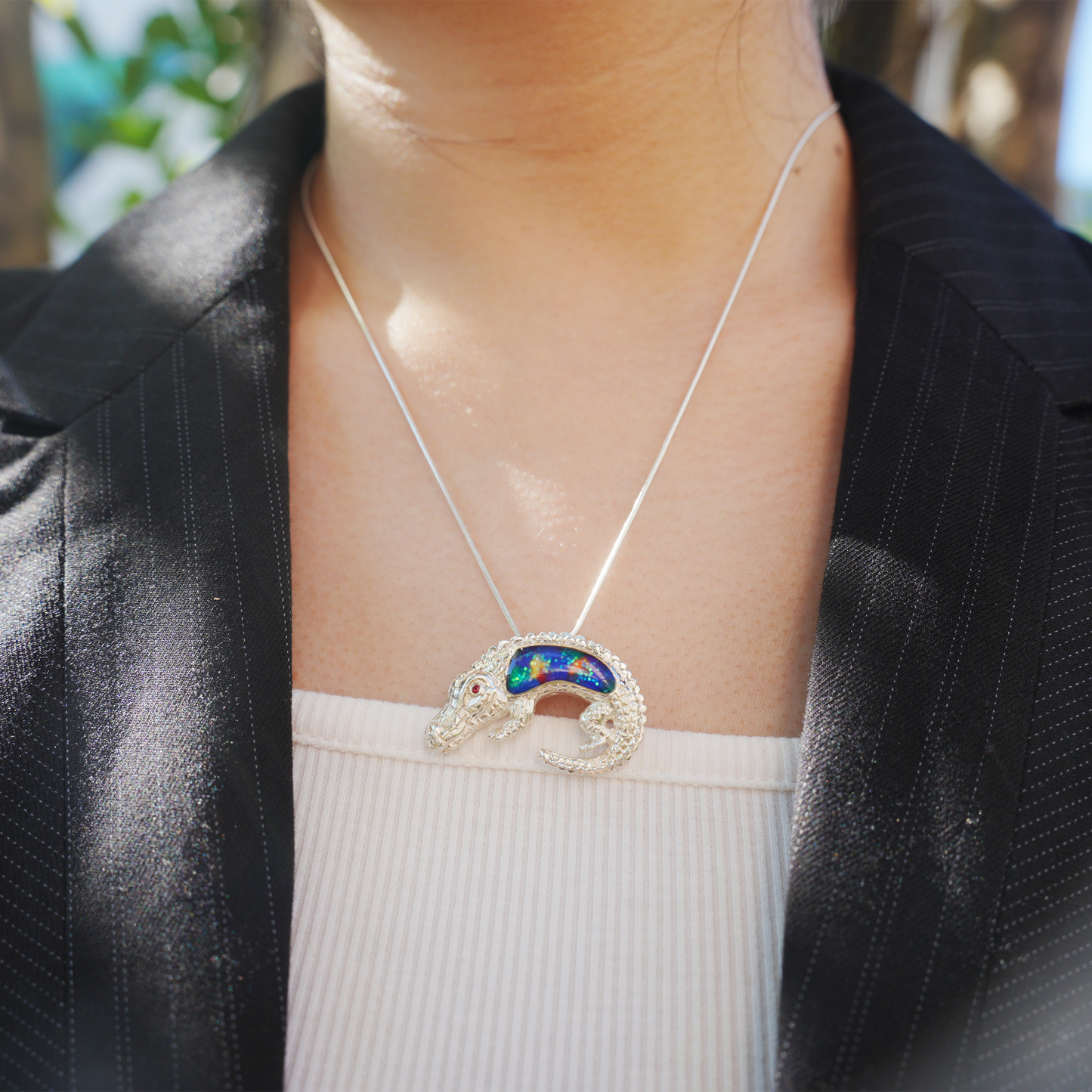 925 Silver Crocodile Pendant Brooch | Enamel Totem Jewelry | Gift for Him or Her