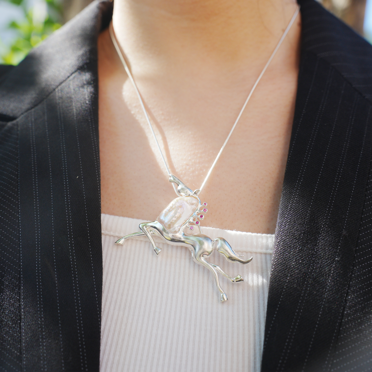 Sterling Silver Horse Pendant Brooch | Pearl & Ruby Totem Jewelry | Gift for Women of Strength