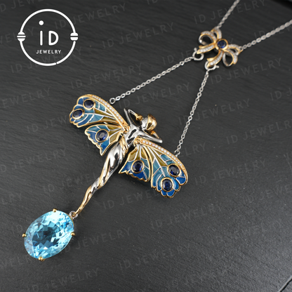 Magical Fairy Necklace| Natural Topaz Pendant| Gold-Plated Brooch| Handmade Vintage Jewelry| Unique Gift for Women