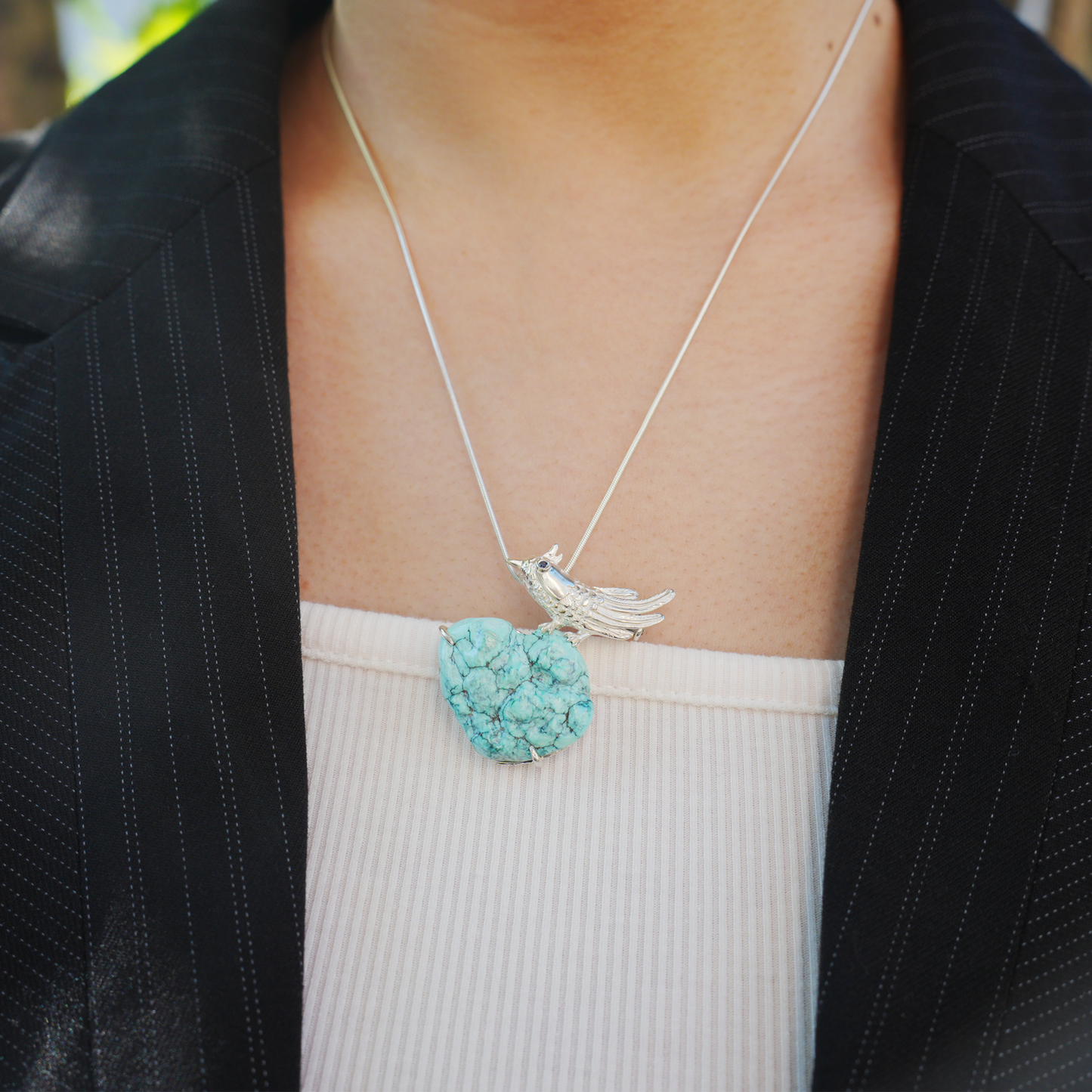 Nightingale Brooch in 925 Silver and Turquoise, Handmade Animal Talisman, Artistic Gift