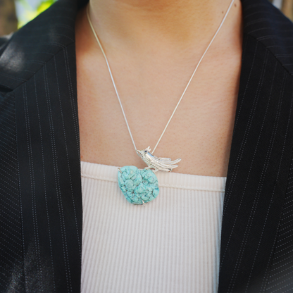 Nightingale Brooch in 925 Silver and Turquoise, Handmade Animal Talisman, Artistic Gift