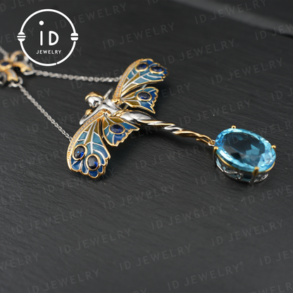 Magical Fairy Necklace| Natural Topaz Pendant| Gold-Plated Brooch| Handmade Vintage Jewelry| Unique Gift for Women