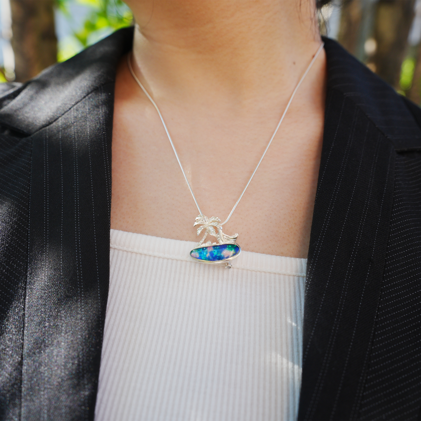 Tropical Palm Beach Pendant Brooch | 925 Silver Enamel Jewelry | Summer Gift for Her