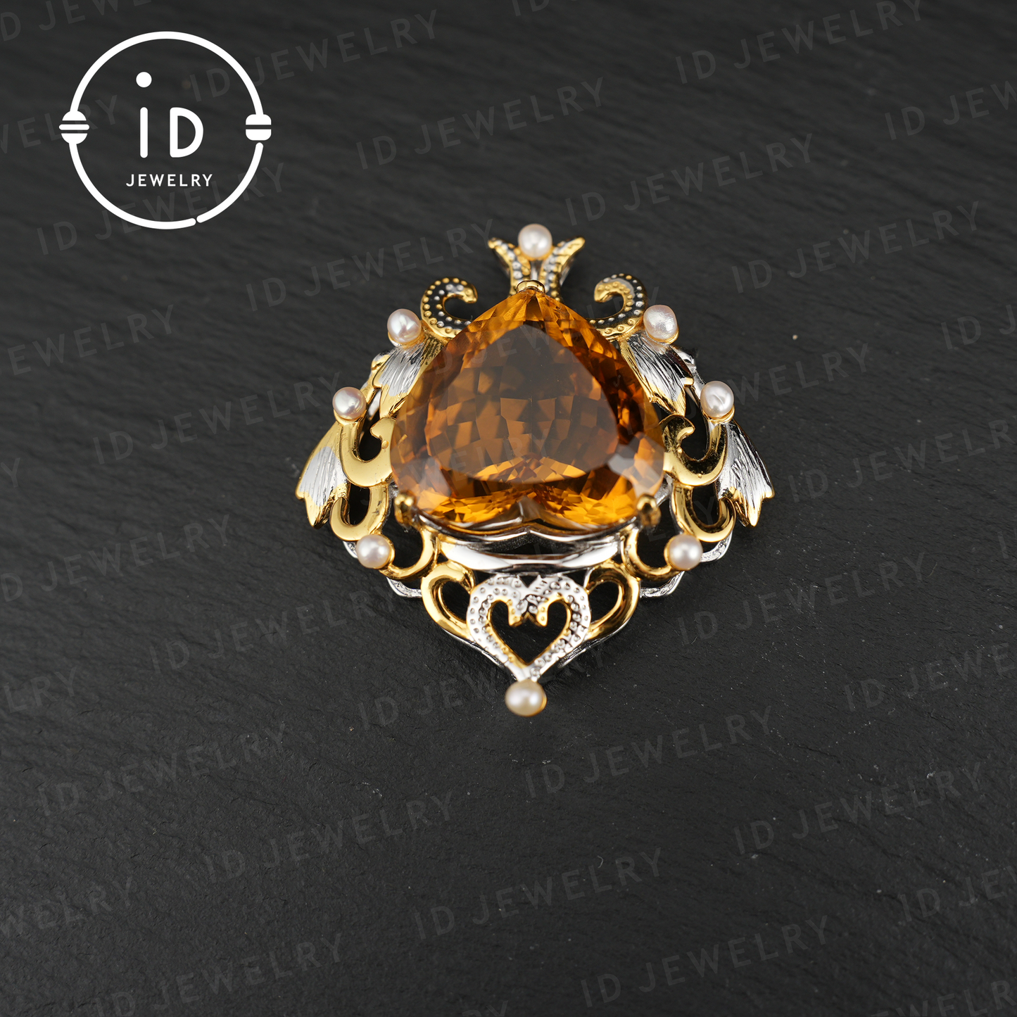 Heart-Shaped Yellow Quartz Pendant| Baroque Vintage Pearl Pendant for Women| Handmade 925 Silver Jewelry| Wedding Anniversary Gift