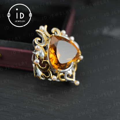 Heart-Shaped Yellow Quartz Pendant| Baroque Vintage Pearl Pendant for Women| Handmade 925 Silver Jewelry| Wedding Anniversary Gift