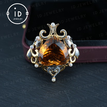 Heart-Shaped Yellow Quartz Pendant| Baroque Vintage Pearl Pendant for Women| Handmade 925 Silver Jewelry| Wedding Anniversary Gift