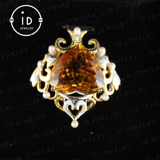 Heart-Shaped Yellow Quartz Pendant| Baroque Vintage Pearl Pendant for Women| Handmade 925 Silver Jewelry| Wedding Anniversary Gift