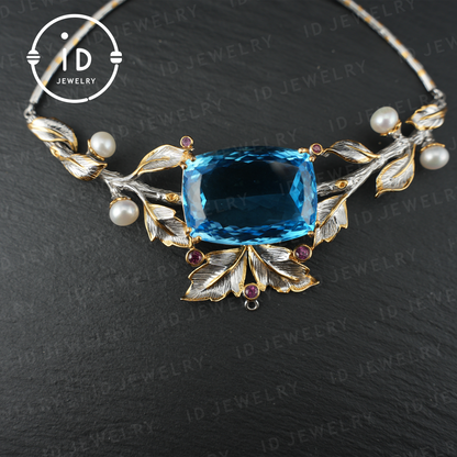 Luxury Natural Topaz Necklace | Handmade Vintage Jewelry | 925 Silver with Gold Plating | Elegant Statement Necklace for Women | Perfect Gift