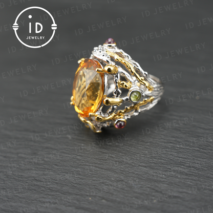 Natural Citrine Ring| Vintage Boho Gemstone Ring| Handmade Jewelry| Luxury Statement Ring| Artistic Design| Gift for Her