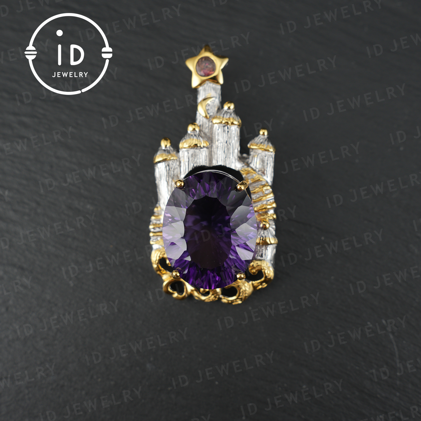 Fairy Tale Amethyst Brooch| Vintage Castle Pendant| Handmade Gemstone Jewelry| Gold-Plated Statement Brooch| Royal Jewelry Gift for Women