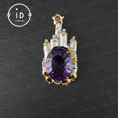 Fairy Tale Amethyst Brooch| Vintage Castle Pendant| Handmade Gemstone Jewelry| Gold-Plated Statement Brooch| Royal Jewelry Gift for Women