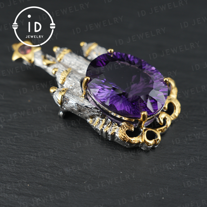 Fairy Tale Amethyst Brooch| Vintage Castle Pendant| Handmade Gemstone Jewelry| Gold-Plated Statement Brooch| Royal Jewelry Gift for Women