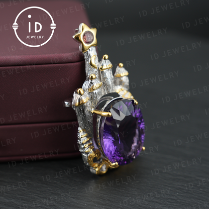Fairy Tale Amethyst Brooch| Vintage Castle Pendant| Handmade Gemstone Jewelry| Gold-Plated Statement Brooch| Royal Jewelry Gift for Women