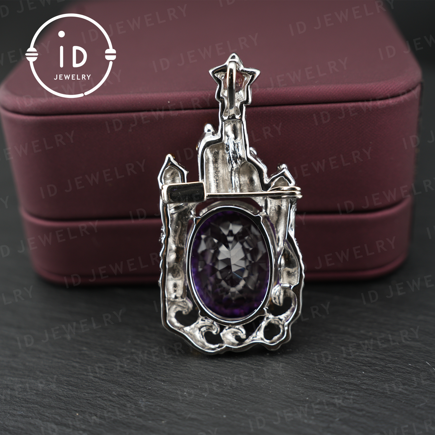 Fairy Tale Amethyst Brooch| Vintage Castle Pendant| Handmade Gemstone Jewelry| Gold-Plated Statement Brooch| Royal Jewelry Gift for Women