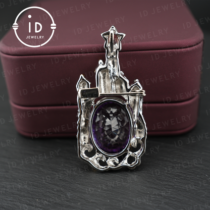 Fairy Tale Amethyst Brooch| Vintage Castle Pendant| Handmade Gemstone Jewelry| Gold-Plated Statement Brooch| Royal Jewelry Gift for Women