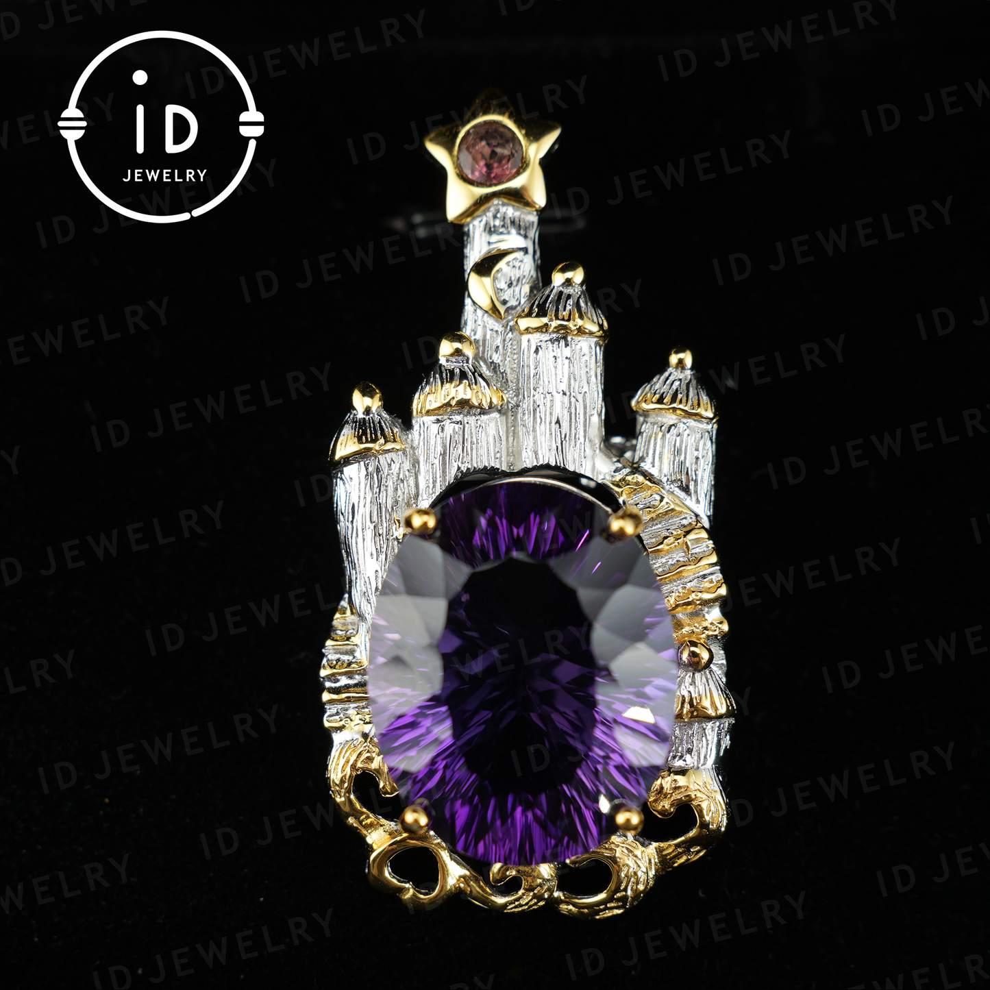 Fairy Tale Amethyst Brooch| Vintage Castle Pendant| Handmade Gemstone Jewelry| Gold-Plated Statement Brooch| Royal Jewelry Gift for Women