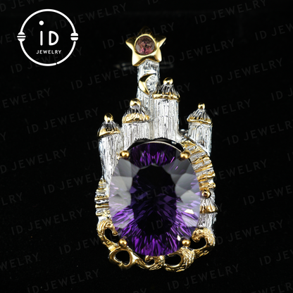 Fairy Tale Amethyst Brooch| Vintage Castle Pendant| Handmade Gemstone Jewelry| Gold-Plated Statement Brooch| Royal Jewelry Gift for Women