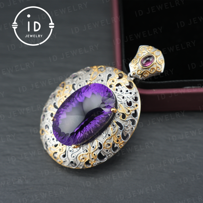 Antique Amethyst Pendant| Silver Gold Baroque Style| Handmade Gemstone Jewelry| Vintage Design| Women’s Gift