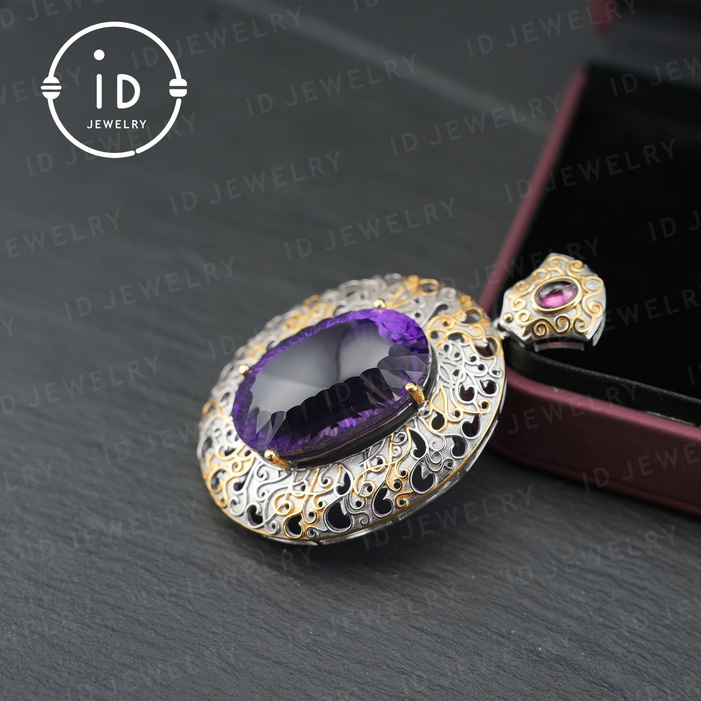 Antique Amethyst Pendant| Silver Gold Baroque Style| Handmade Gemstone Jewelry| Vintage Design| Women’s Gift