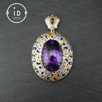 Antique Amethyst Pendant| Silver Gold Baroque Style| Handmade Gemstone Jewelry| Vintage Design| Women’s Gift