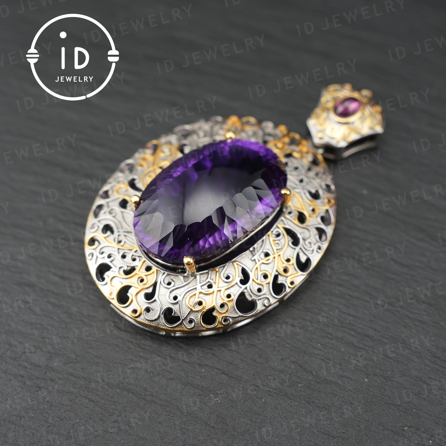 Antique Amethyst Pendant| Silver Gold Baroque Style| Handmade Gemstone Jewelry| Vintage Design| Women’s Gift