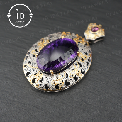 Antique Amethyst Pendant| Silver Gold Baroque Style| Handmade Gemstone Jewelry| Vintage Design| Women’s Gift