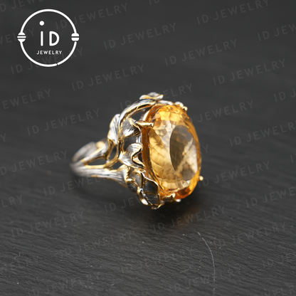 Floral Citrine Ring| Vintage Boho Gemstone Ring| Handmade Jewelry| Gold-Plated Statement Ring| Artistic Design| Gift for Her