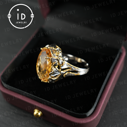 Floral Citrine Ring| Vintage Boho Gemstone Ring| Handmade Jewelry| Gold-Plated Statement Ring| Artistic Design| Gift for Her