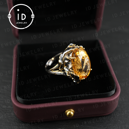 Floral Citrine Ring| Vintage Boho Gemstone Ring| Handmade Jewelry| Gold-Plated Statement Ring| Artistic Design| Gift for Her