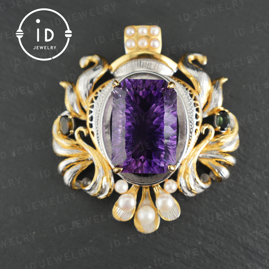Antique Amethyst Pendant| Baroque Jewelry| Vintage Necklace| Handmade Silver Gold-Plated| Luxury Gemstone Pendant| Women’s Gift| Art Deco