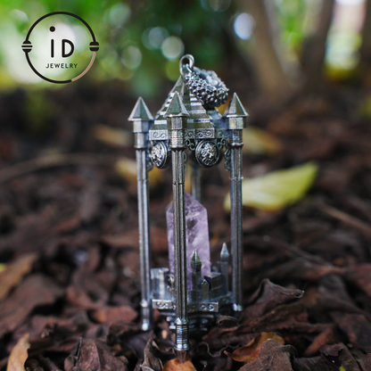 Architectural Amethyst Pendant｜Natural Crystal Wrapped in Silver Columns｜Focus Symbol for the Soul｜Mystical Gothic Gift for Her