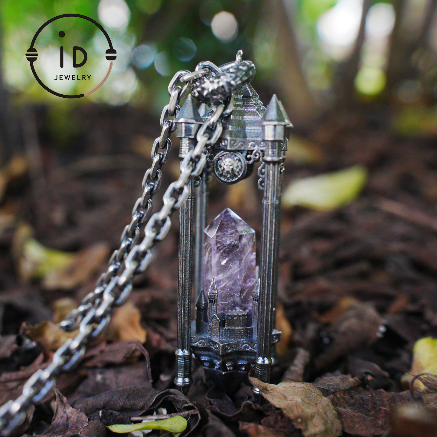 Architectural Amethyst Pendant｜Natural Crystal Wrapped in Silver Columns｜Focus Symbol for the Soul｜Mystical Gothic Gift for Her