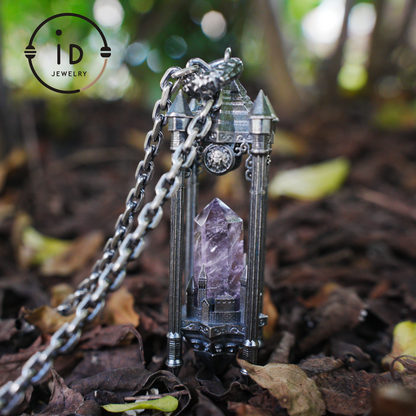 Architectural Amethyst Pendant｜Natural Crystal Wrapped in Silver Columns｜Focus Symbol for the Soul｜Mystical Gothic Gift for Her