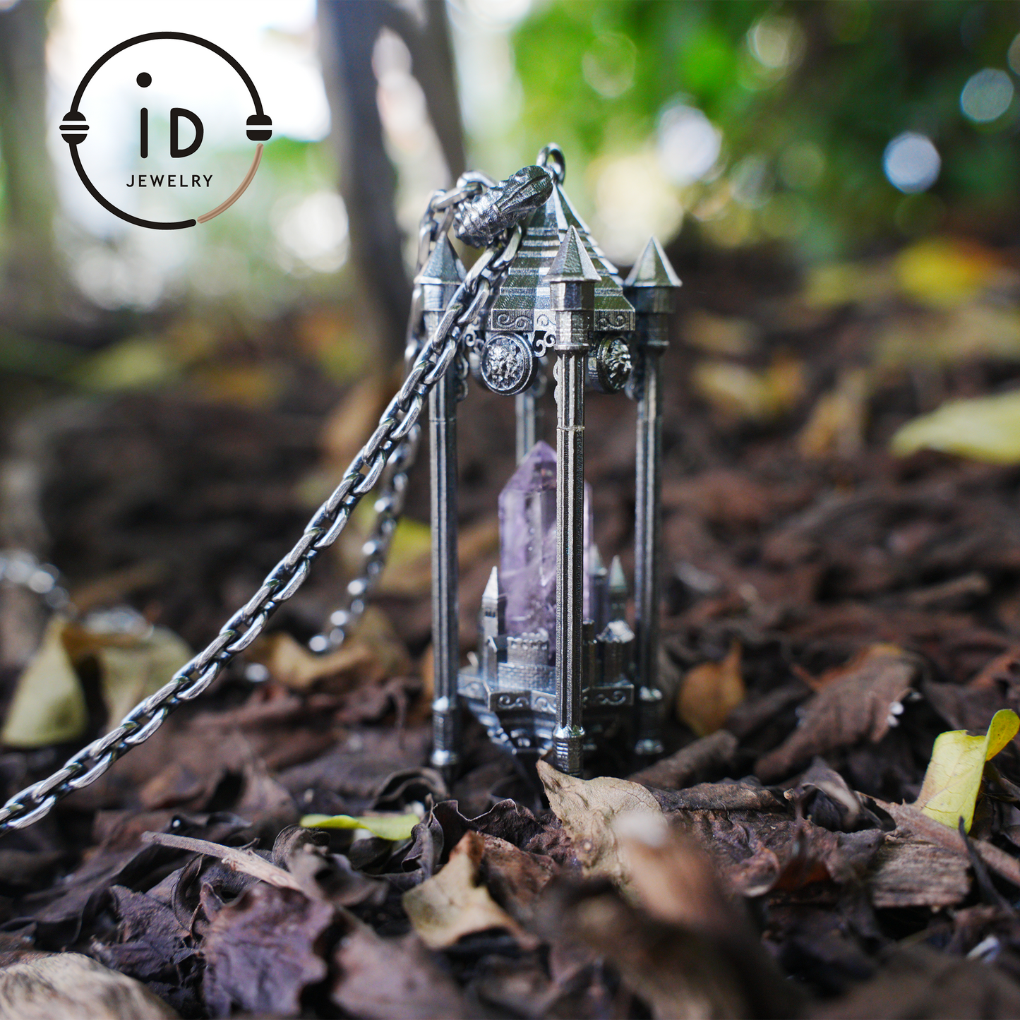 Architectural Amethyst Pendant｜Natural Crystal Wrapped in Silver Columns｜Focus Symbol for the Soul｜Mystical Gothic Gift for Her