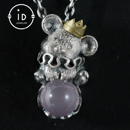 Mouse Pendant with Rose Quartz Cabochon, Handmade Animal Jewelry, Gift for Women Birthday Christmas