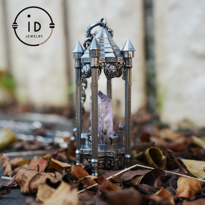 Architectural Amethyst Pendant｜Natural Crystal Wrapped in Silver Columns｜Focus Symbol for the Soul｜Mystical Gothic Gift for Her