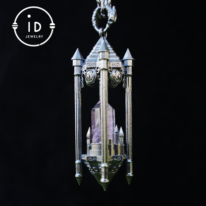 Architectural Amethyst Pendant｜Natural Crystal Wrapped in Silver Columns｜Focus Symbol for the Soul｜Mystical Gothic Gift for Her