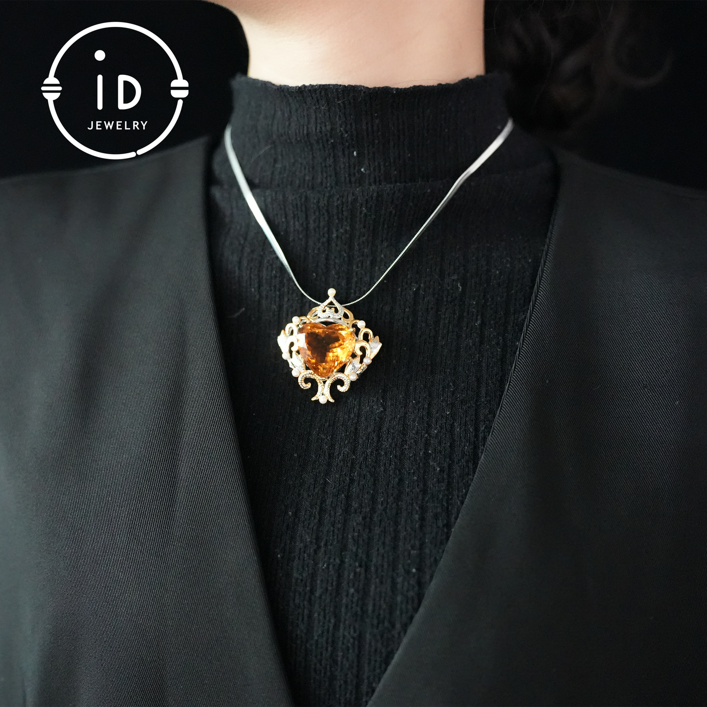 Heart-Shaped Yellow Quartz Pendant| Baroque Vintage Pearl Pendant for Women| Handmade 925 Silver Jewelry| Wedding Anniversary Gift