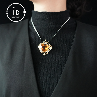 Heart-Shaped Yellow Quartz Pendant| Baroque Vintage Pearl Pendant for Women| Handmade 925 Silver Jewelry| Wedding Anniversary Gift