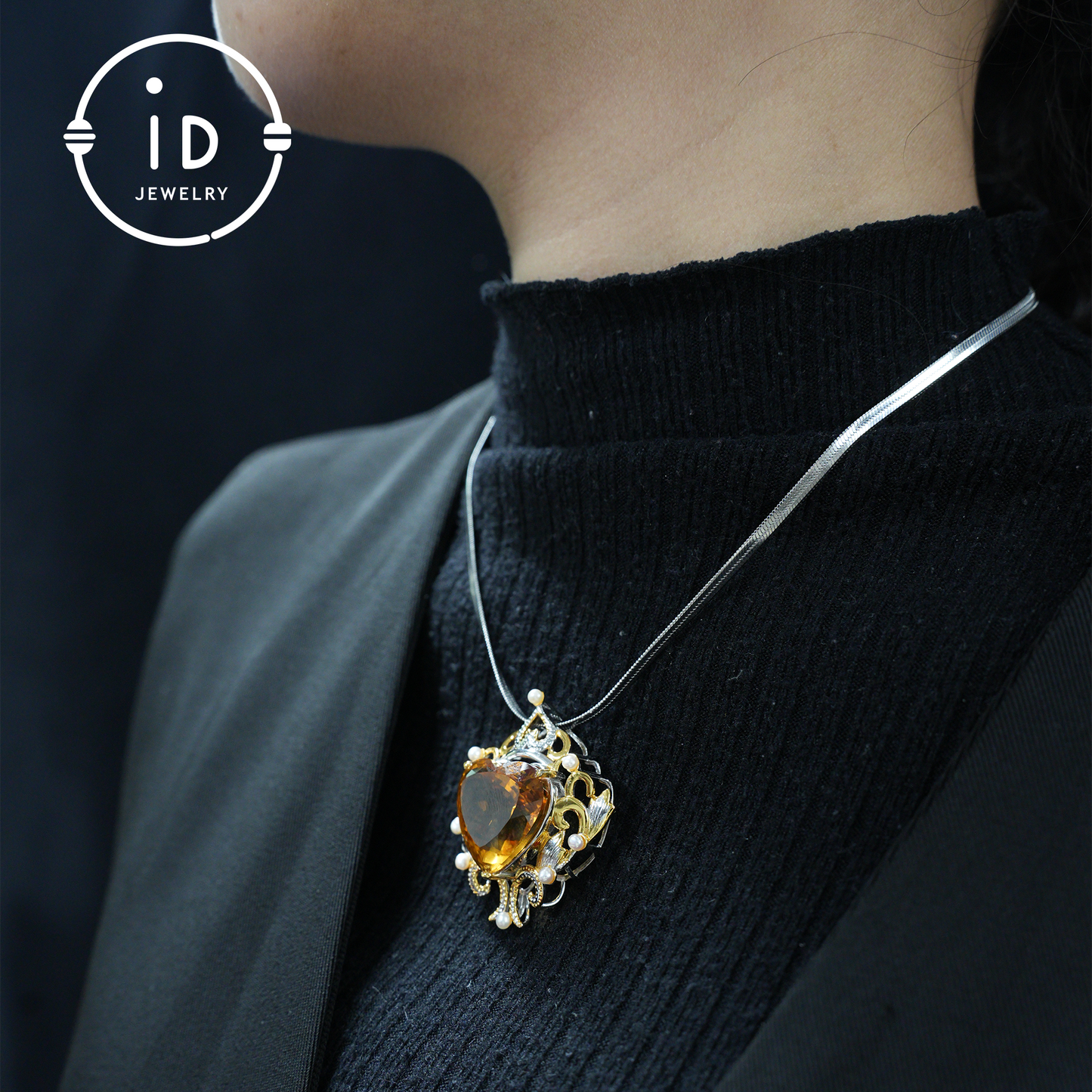 Heart-Shaped Yellow Quartz Pendant| Baroque Vintage Pearl Pendant for Women| Handmade 925 Silver Jewelry| Wedding Anniversary Gift