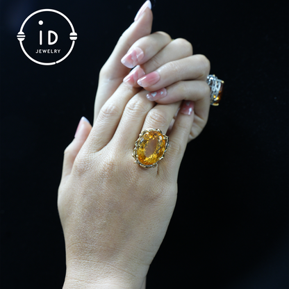 Floral Citrine Ring| Vintage Boho Gemstone Ring| Handmade Jewelry| Gold-Plated Statement Ring| Artistic Design| Gift for Her